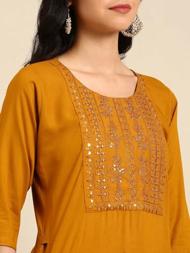Image of SHOWOFFFF Women Solid Straight Ethnic Kurta | Round Neck 3 /4th Sleeves Cotton Kurta for Womens | Regular Fit Calf Length Kurta for Women's