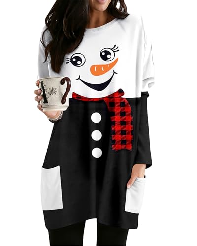 MOUSYA Women Dress Shirt Christmas Long Sleeve Tops Santa Printed Pullover Loose Plus Size T-Shirt Blouse with Pockets Black White