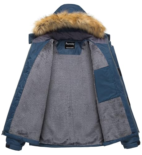 Image of Pursky Men's Waterproof Ski Jacket Winter Snow Coats Fur Hooded Raincoats Parka