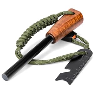 Fire Starter Survival Tool – Handmade Wooden Handle 3/8″ Thick Ferro Rod with Striker and Umbrella Rope Waterproof Iron Rod Flint and Steel Fire Starter Kit