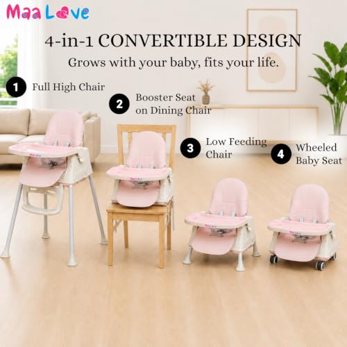 Image of Maa Love 4-in-1 Baby High Chair for 0-5 Years, Adjustable Height Feeding Chair with Detachable Tray, One-Hand Fold, Multifunctional High Chair (Pink)