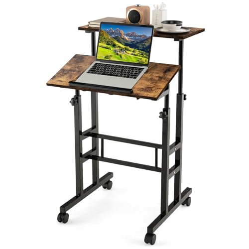 COSTWAY Height Adjustable Standing Desk, Mobile Laptop Table Computer Desk with Flip-over Desktop and Wheels, 2-Tier Laptop Cart Sit Stand Desk Writing Workstation for Home Office (Rustic Brown+Black)
