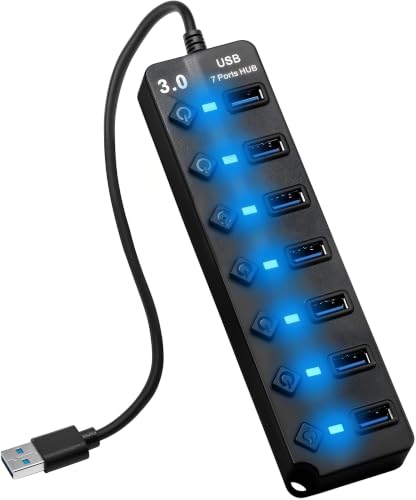 5Gbps Hub USB 3.0 7 Ports avec Commutateurs Indépendants, Multiprise USB Portable avec LED, Adaptateur Multiport USB pour PC, Mac, Xbox, Hub USB Alimenté...
