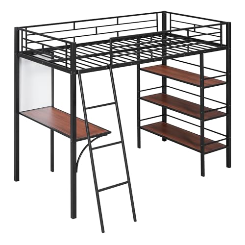 DNYN Twin Size Loft Bed with Desk & 3 Storage Shelves & Whiteboard Design,Sturdy Metal Bedframe w/Ladder & Safety Guardrails,No Box Spring Needed,Perfect for Small Space,Bedroom,Guest Room, Black