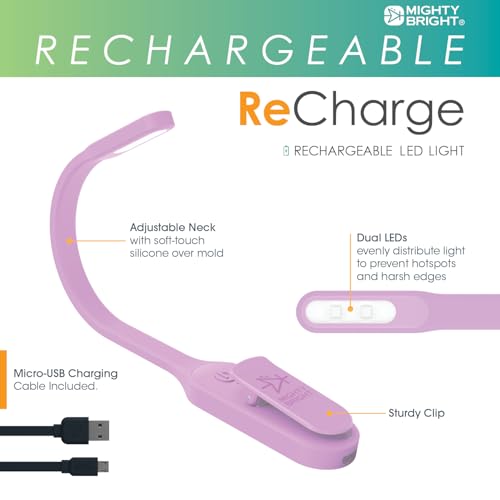 Image of Mighty Bright The Original Recharge Clip On - USB Rechargeable Book Light - Warm LED Reading Lamp - Flexible, Dimmable, Lasts Up to 60 Hours a Charge (Lavender)