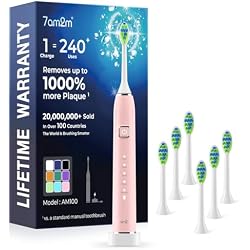 7AM2M Sonic Electric Toothbrush with 6 Brush Heads for Adults&Kids, One Charge for 120 Days, Wireless Fast Charge, 5 Modes, 40000VPM Powered Toothbrush, 2 Minutes Built in Smart Timer -Pink