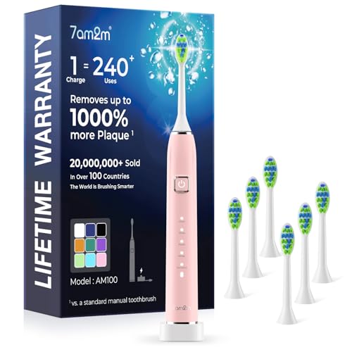 7AM2M Sonic Electric Toothbrush with 6 Brush Heads for Adults&Kids, One Charge for 120 Days, Wireless Fast Charge, 5 Modes, 40000VPM Powered Toothbrush, 2 Minutes Built in Smart Timer -Pink