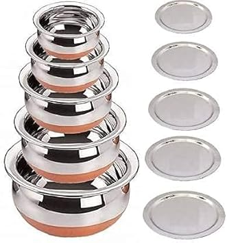 DAZVI Steel Set of 5 Copper Bottom Stainless Steel Handi Set/Cookware Set with Lid (Capacity : 0.5 LTR, 0.75 LTR, 1 LTR, 1.5 LTR, 2 LTR) Cookware Set