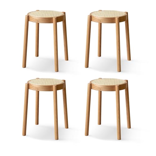 YESWOOD ドレッサーチェア 化粧スツール ドレッサー 化粧台 100%無垢材 天然ラタン 藤編み エコ塗装 天然木ドレッサースツール 化粧スツール 化粧椅子 化粧イス 靴着替え 玄関口 積み上げる可 (4脚セット)