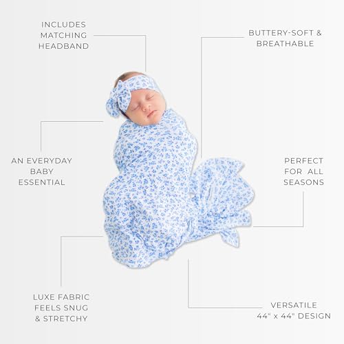 Image of Posh Peanut Swaddle Blanket & Headband Set - Viscose from Bamboo Stretchy Baby Swaddle for Newborn Girls, Receiving Blanket or Nursing Cover