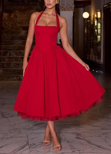Image of Women Summer Halter Dress Low Cut Sleeveless A Line Tulle Swing Flowy Tea Length Dress Corset Prom Formal Ball Gowns