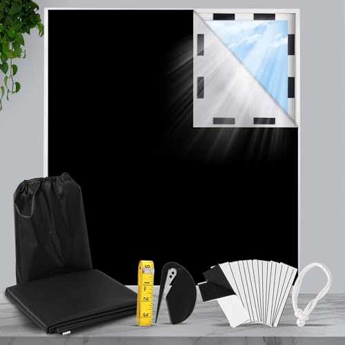HuiCloud 100% Blackout Blind,200 x 145 CM Stick on Blackout Blinds for Windows,No Drill Portable Temporary Fits Any Size Blackout Blinds with 20PCS Hook and Loop Tapes for Bedroom Loft Car Travel