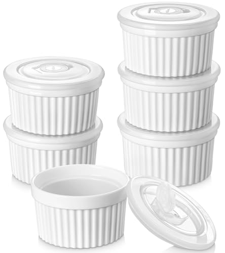 vancasso 10 oz Ramekins with Lid, Porcelain Creme Brulee Souffle Dishes, White Pudding Custard Cups Ramiken for Baking, Dishwasher and Oven Safe, Set of 6
