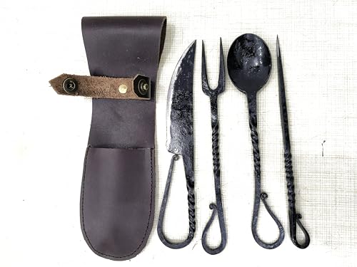 Generic Hand Forged Medieval Eating Utensil Set Twisted Design Handmade Fully Functional Fork Knife Spoon And Food Stick Medieval Cutlery Set, With Leather Carrying Pouch Unisex Gift (Pack of 4)