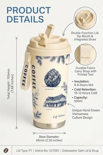 Image of Umi Coffee Travel Mug with Straw & Flip Lid | 550 ml Sipper Cup | Leak-Proof Thermos Mug for Coffee, Tea, Hot or Cold Beverages, Pack of 1, Color Printing-White (White-1)