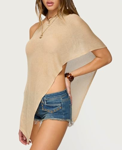 Women Knitted Sheer Poncho Top Off Shoulder Mesh Poncho Shrug Shawl Lightweight Asymmetrical Sweater Tops2