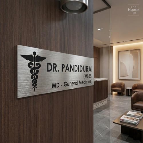 Image of Customized Self Adhesive Acrylic Name Plate for Home |Black and Brush Silver Acrylic Engraving Personalized Door Name Plate | Custom Name Board for House, Office & Entrance (12 x 4 Inch, Brush Silver)