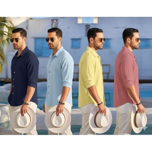 Image of FINIVO FASHION Combo of Men's Casual Cotton Plain Button Down Shirt Long Sleeve Textured Summer Beach Shirt for Men Pack of 4
