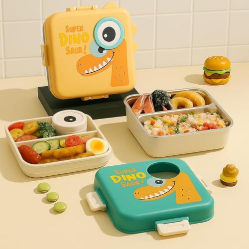 Image of TEKCOOL 5 Compartment Stainless Steel Lunch Box - Durable & BPA-Free Bento Tiffin for Kids & Adults | Leak-Resistant Multi-Section Lunch Box for School, Office & Picnic - 1120ml + 70ml, Yellow;