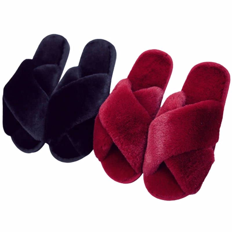 The Season Essentials U-slide Women’s Cross Band Soft Plush Fluffy Furry Fleece House Indoor or Outdoor Ladies’ Slide Slippers (Burgundy, S/5-6)2