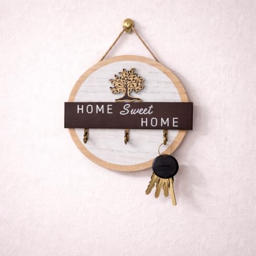 Image of CraftVatika Wooden Wall Key Holder with 3 Hooks, Round Decorative Key Rack with Tree Design, Wall Mounted Entryway Organizer for Home Entrance, Key Stand for Wall Decor, Housewarming Gift Item