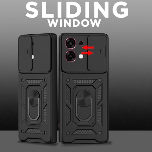 Image of Pikkme Back Cover for Oppo F31 5G / Oppo F33 5G | 360 Protection Case | Sliding Camera Shield Cover & Ring Holder Stand D10 Tough Armor Bumper Case (Black)