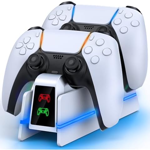 RJAD PS5-Controller-Charger-Station - Charging Station for PlayStation 5 Dualsense/Edge Controller with 9 Color Led Light, Fast Charging Dock & Holder Stand for PS5/Slim/Pro Remote - Whole White Cover