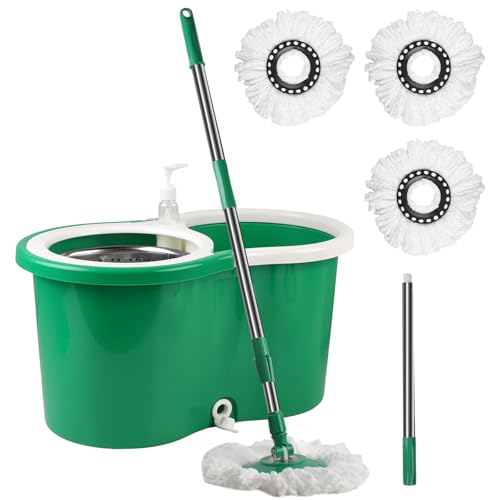 Spin Mop and Bucket with Wringer Set, 3 Microfiber Mop Heads, 61" Handle