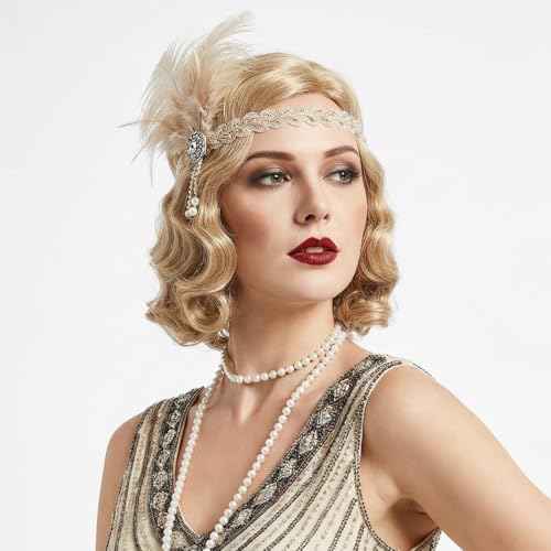 REEWES Long 1920s Wig Finger Wave Wig 613 Curly Short Wig Vintage Wigs for Women Lady Synthetic Heat Resistant Full Wigs Cosplay Costume Fancy Dress With Wig Cap (Blonde(Long))