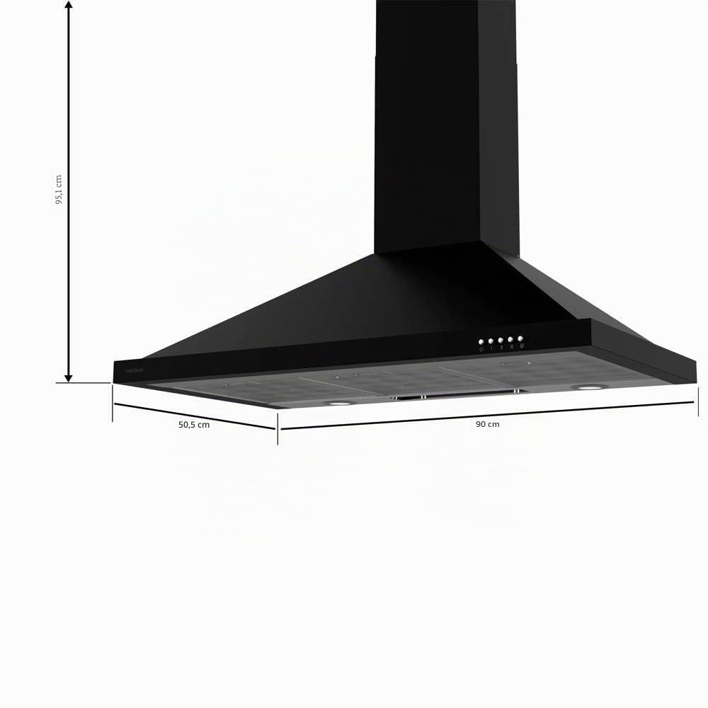 Cecotec Bolero Flux PM 906500 Black A Dunstabzugshaube, 90 cm, Motor 165 W, schwarzes Finish, Saugleistung 650 m³/h, mechanische Steuerung, 3 Leistungsstufen, Licht und Kohlefilter