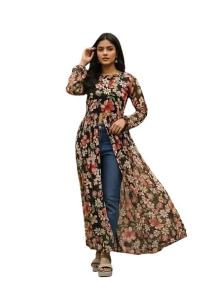 Black Floral Print Naira Kurti, Nyra Cut, Georgette kutti, use for Jeans, Fancy, Navy Kurti||LC8067KGEOBLK-image-15