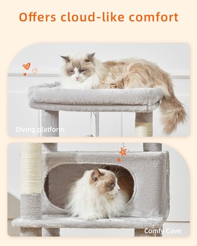 Image of Taoqimiao Cat Tree, 49In Cat Tower for Indoor Cats Large Adult | 2 Luxurious Cat Condos, Thick Padded Top Perch, Adjustable Hanging Baskets, 5 Scratching Sisal Posts, Light Gray MS029LW