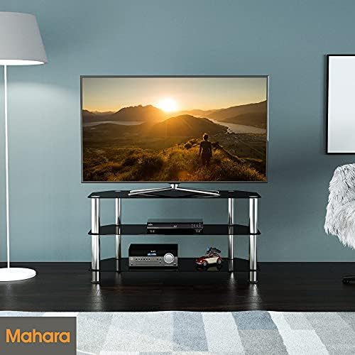mahara Glass Corner TV Stand - TV Floor Stand Max 50 Inch TV - TV Mount Stand Max 45kg TV - Chrome Effect Modern TV Stand - Tempered Safety Glass TV Stand - Black TV Stand L100cm x D42cm x H50cm