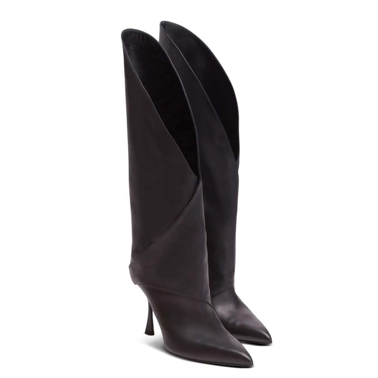 Womens Leather Knee High Boots V-Cut Pointed Toe Stiletto High Heel Riding Boots Stylish Motorcycle Biker Booties with