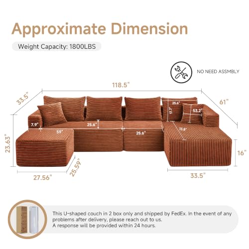 Image of 118 Inch Modular U-Shaped Sectional Couch, Orange