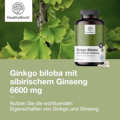 HealthyWorld Ginkgo Biloba mit sibirischem Ginseng 6600 mg - Hochdosiert - Unterstützung der kognitiven Funktion - 365 Tabletten für einen Jahresvorrat - Ginkgo-Extrakt 50:1 (120 mg) & 10:1 (60 mg)