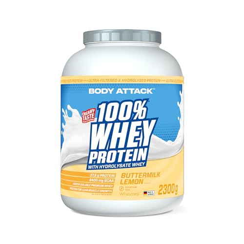 Body Attack 100% Whey Protein Buttermilk Lemon, 2,3 kg - Made in Germany - extra cremiges Eiweißpulver mit Hydrolysat und BCAA´s, unterstützt Muskelaufbau und Diäten, für alle Sportler & Athleten