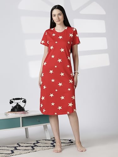 Image of 9shines Label Hosiery Cotton Knee Length Short Night Dress | Short Nighty for Women with Pocket | Graphic Print Nightwear | Night Gown for Women (M-7XL)