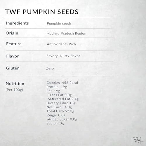 Image of TWF Virgin Pumpkin Seeds | 500g | AAA Grade Seeds for Eating | High Protein, Fibre & Magnesium | Raw | Unroasted | Unsalted | Highest Natural Potency | Resealable Pack | Healthy Diet Snacks