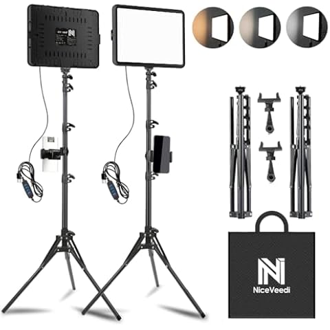 2-Pack LED Video Light Kit, NiceVeedi Studio Light, 2800-6500K Dimmable Photography Lighting Kit with Tripod Stand&Phone Holder, 73" Stream Light for Video Recording, Game Streaming, YouTube… Cover