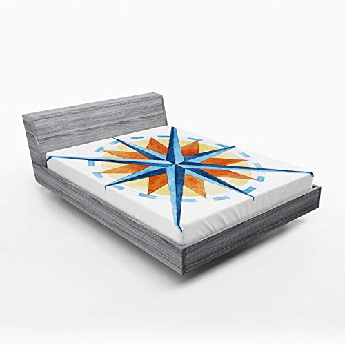 Ambesonne Compass Fitted Sheet, Watercolor Directions North South East West Windrose Pathfinding Work of Art, Bed Cover with All-Round Elastic Deep Pocket for Comfort, Full Size, Burnt Sienna Blue