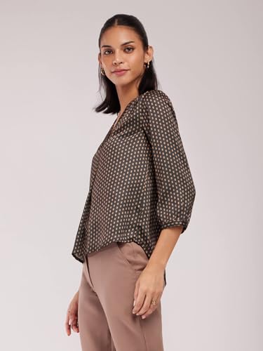 Image of FableStreet Women Formal & Casual Top | V-Neckline with Gathered Back Detail & Three-Quarter Sleeves | Premium Satin Fabric for Office Wear & Sophisticated Outings