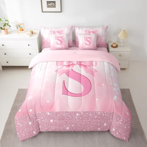 Image of Feelyou Boys Girls Pink Bowknot 7 Pieces Bedding Set Twin Size, Personalized Initial S Bed in A Bag Kids Princess Glitter Comforter Set with Sheets Bow Monogrammed Teens Bed Set Bedroom Decor 7Pcs