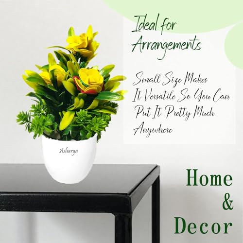 Image of Artificial Flower Plants for Home Decor - Set of 2 Mini Potted Plants (7 Inch) in White Pots | Yellow & Blue Faux Flowers for Living Room, Office, Indoor Outdoor Decoration