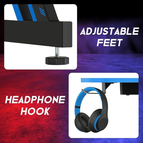 Image of 39 in Gaming Desk With Hook - Z-Shaped Computer Table for Home Office, Small Places - Carbon Fiber Surface, Simple Installation, Blue
