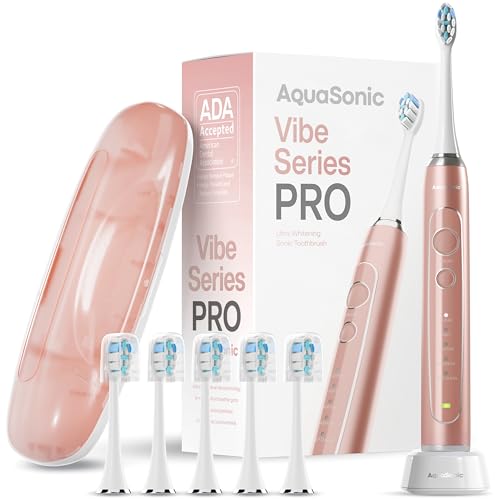 Aquasonic Vibe Series PRO – Ultra-Whitening Electric Toothbrush – 5 Modes & Smart Timers – Premium Travel Case & 6 Proflex Brush Heads – ADA Accepted Toothbrush (Rose Gold)