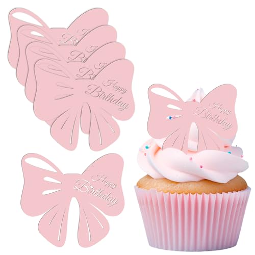 20pcs Bow Cupcake Toppers, Delicate Rose Gold Mirror Acrylic Cupcake Toppers Happy Birthday Cake Decoration for Birthday Party Dessert Decoration
