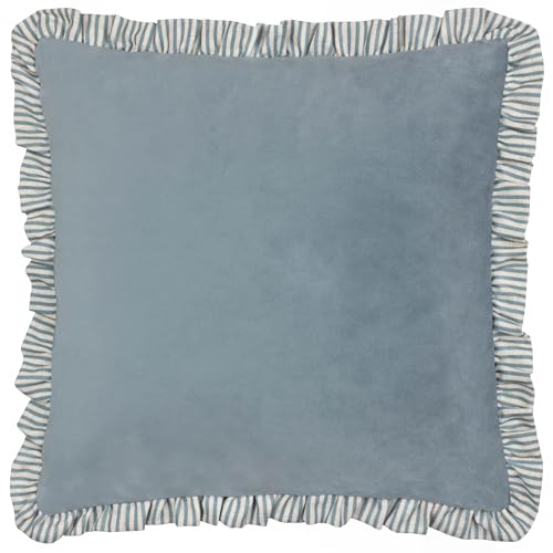 furn. Wylder Solene Ruffle Cushion Cover – Soft Pastel Velvet Striped Trim Decorative Case (Blue – 45x45cm)