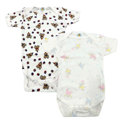 Junior Joy 12-18 Months Printed Baby Bodysuits, 100% Combed Cotton, Super Soft, Short Sleeves, Envelope Neck, Popper Fastening for Easy Nappy Change, Machine Washable, Pack of 2