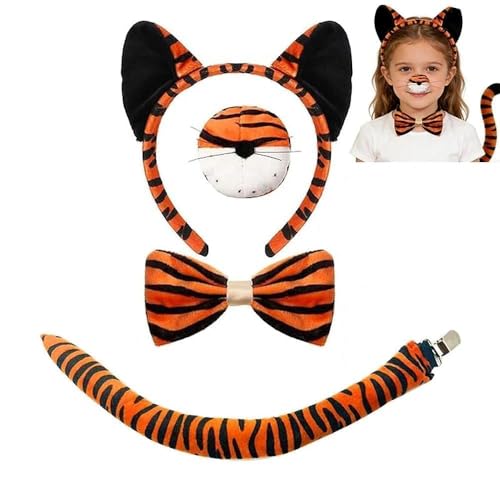 AYZDJ Juego de 4 accesorios para disfraz de animal, diadema con orejas, pajarita, nariz, cola, garra de pelo de felpa con estampado de leopardo y tigre, kit de disfraz de león para juego de rol